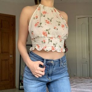 Pink Floral Backless Halter Neck